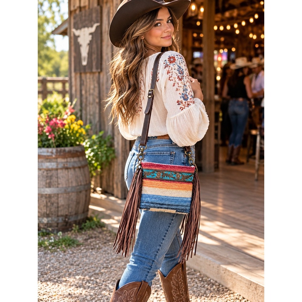 Myra Western Crossbody Bag Rainbow Color Tooled Leather Fringe Boho Cowgirl